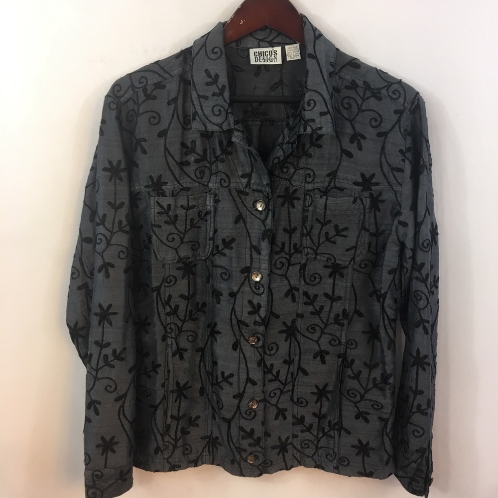 CHICO'S 1 Design Silk Shirt Floral Embroidered S/M